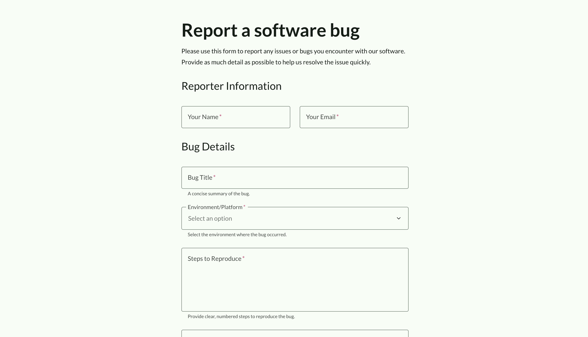 Bug report form template