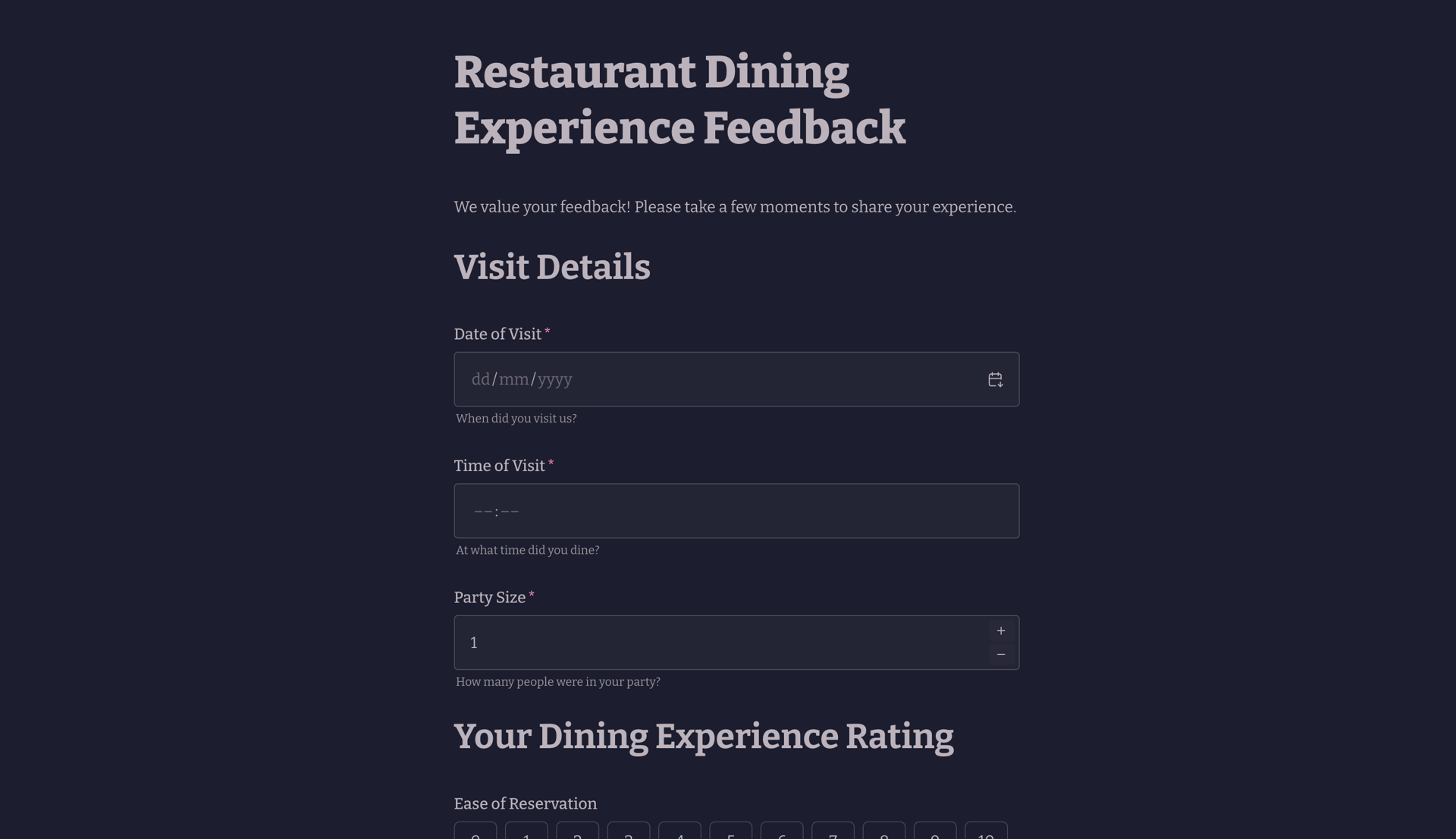 Resturant Dining Experience Feedback Form