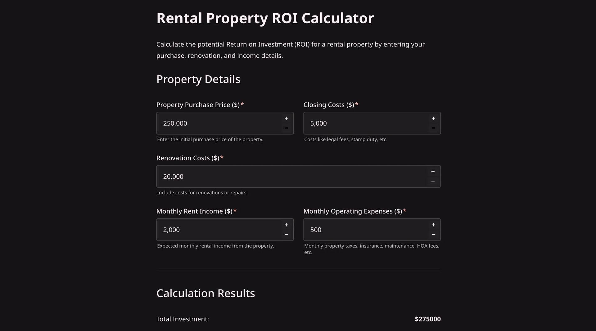 Rental property ROI calculator