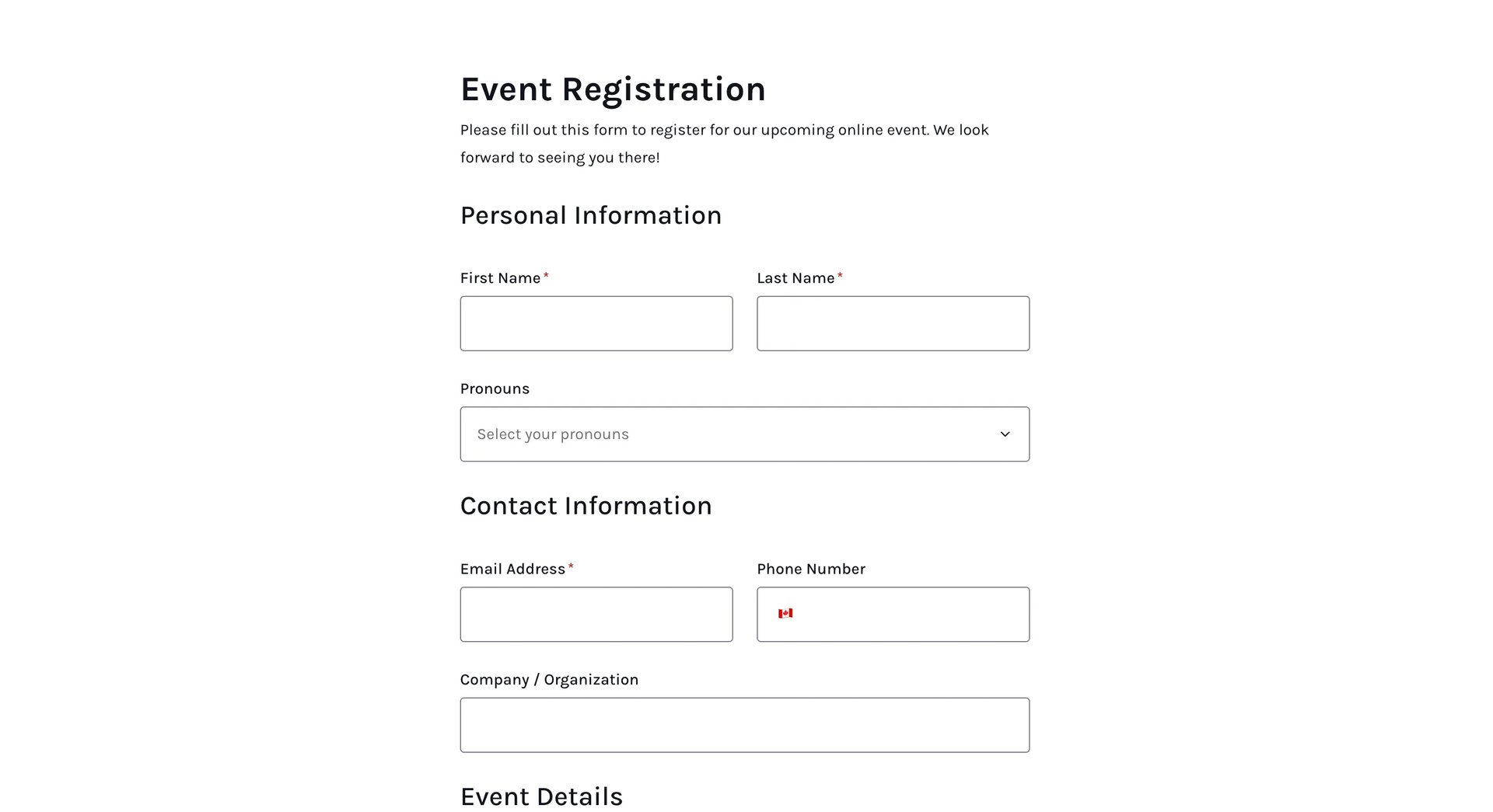 Online event registration form template