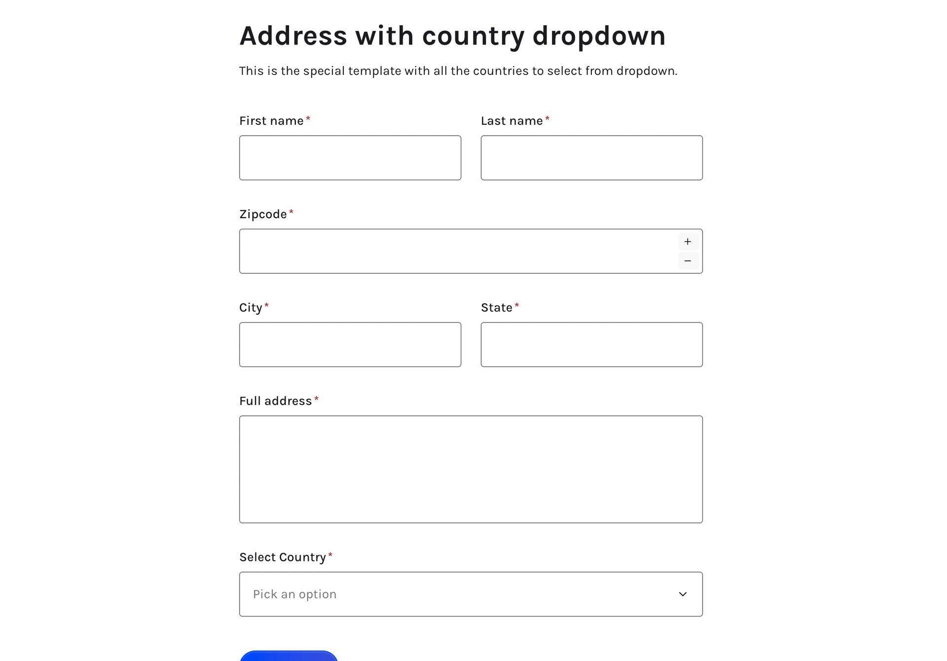 Address form with 196 countries