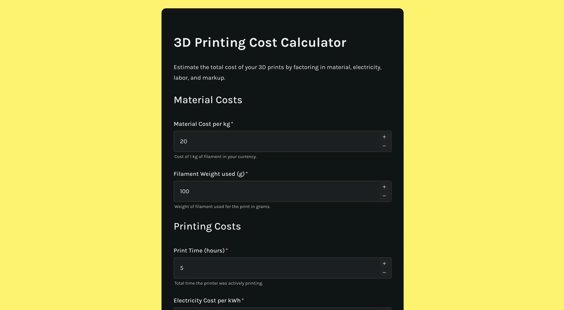 3D printing cost calculator