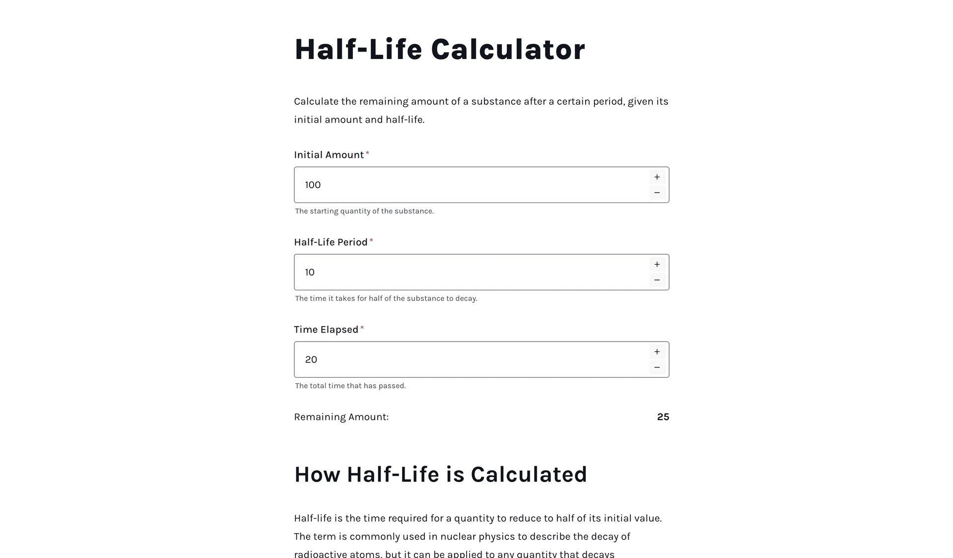 Half life calculator