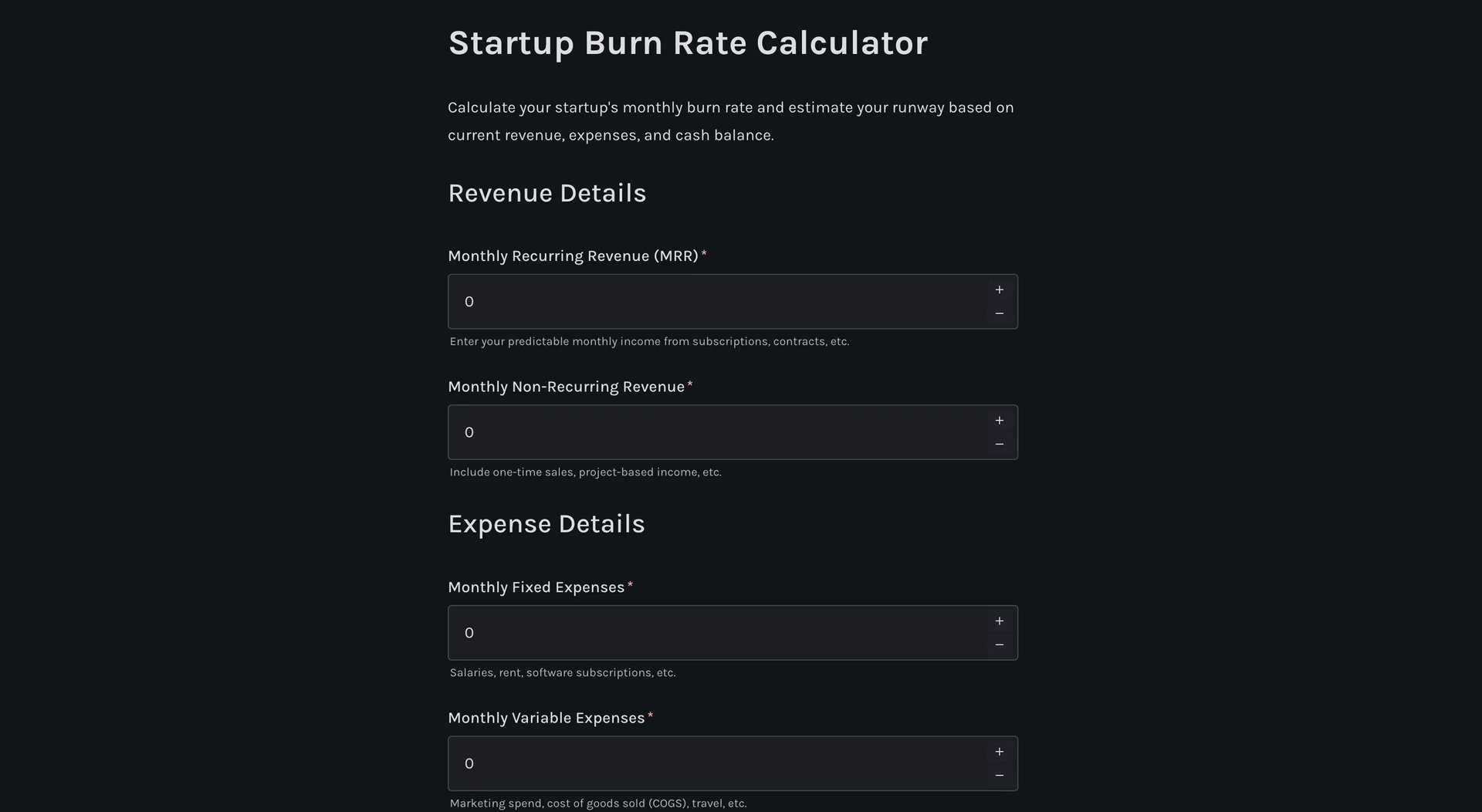 Startup burn rate calculator