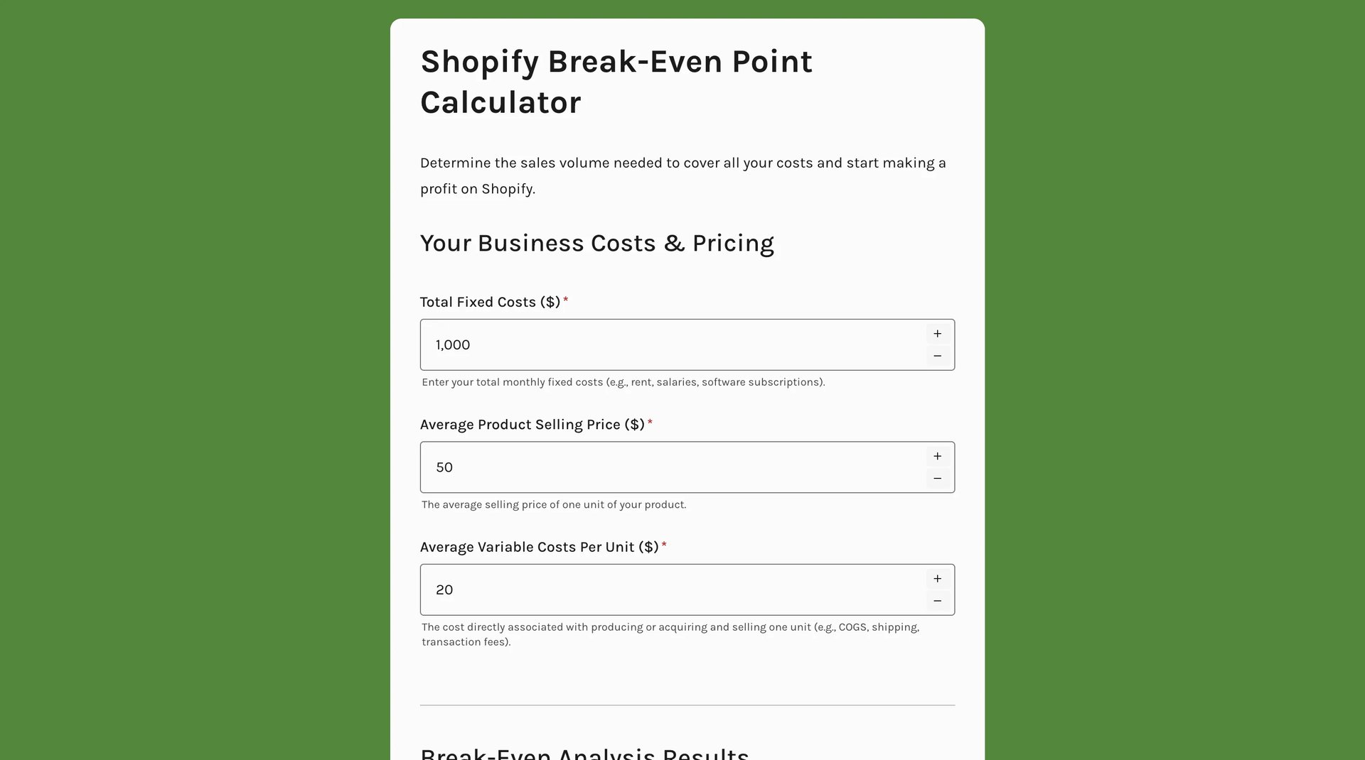 Shopify break-even point calculator