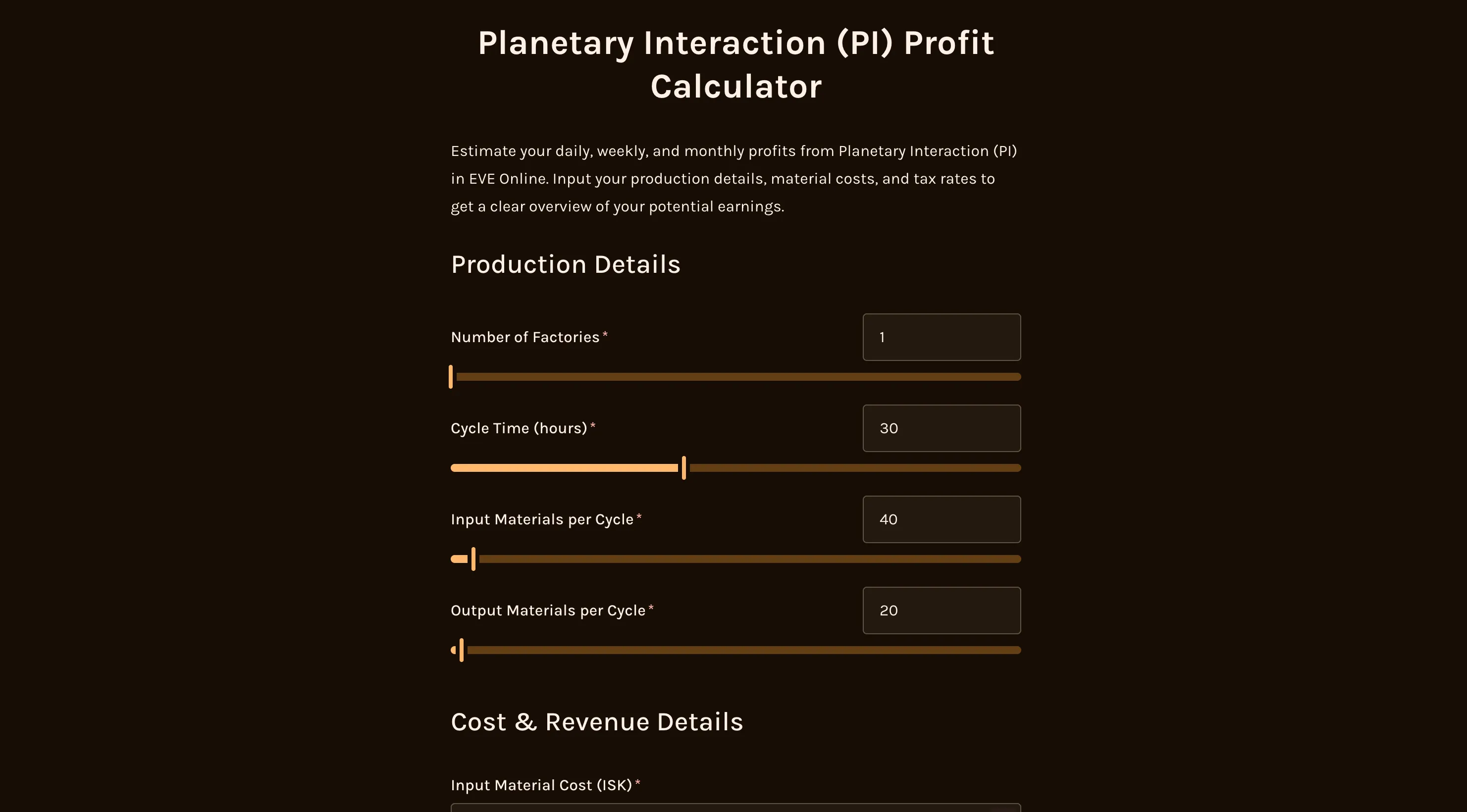 Planetary Interaction (PI) profit calculator