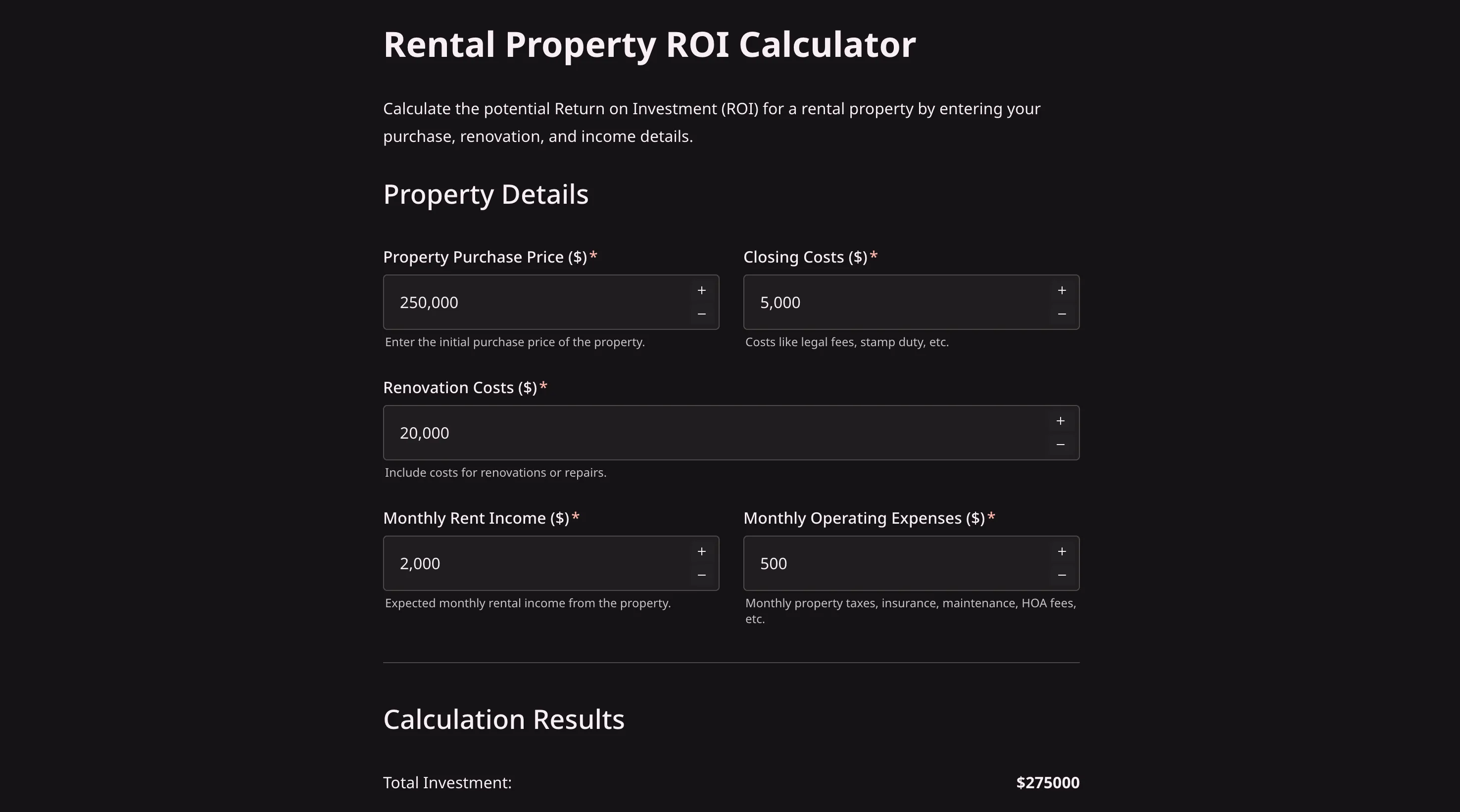 Rental property ROI calculator