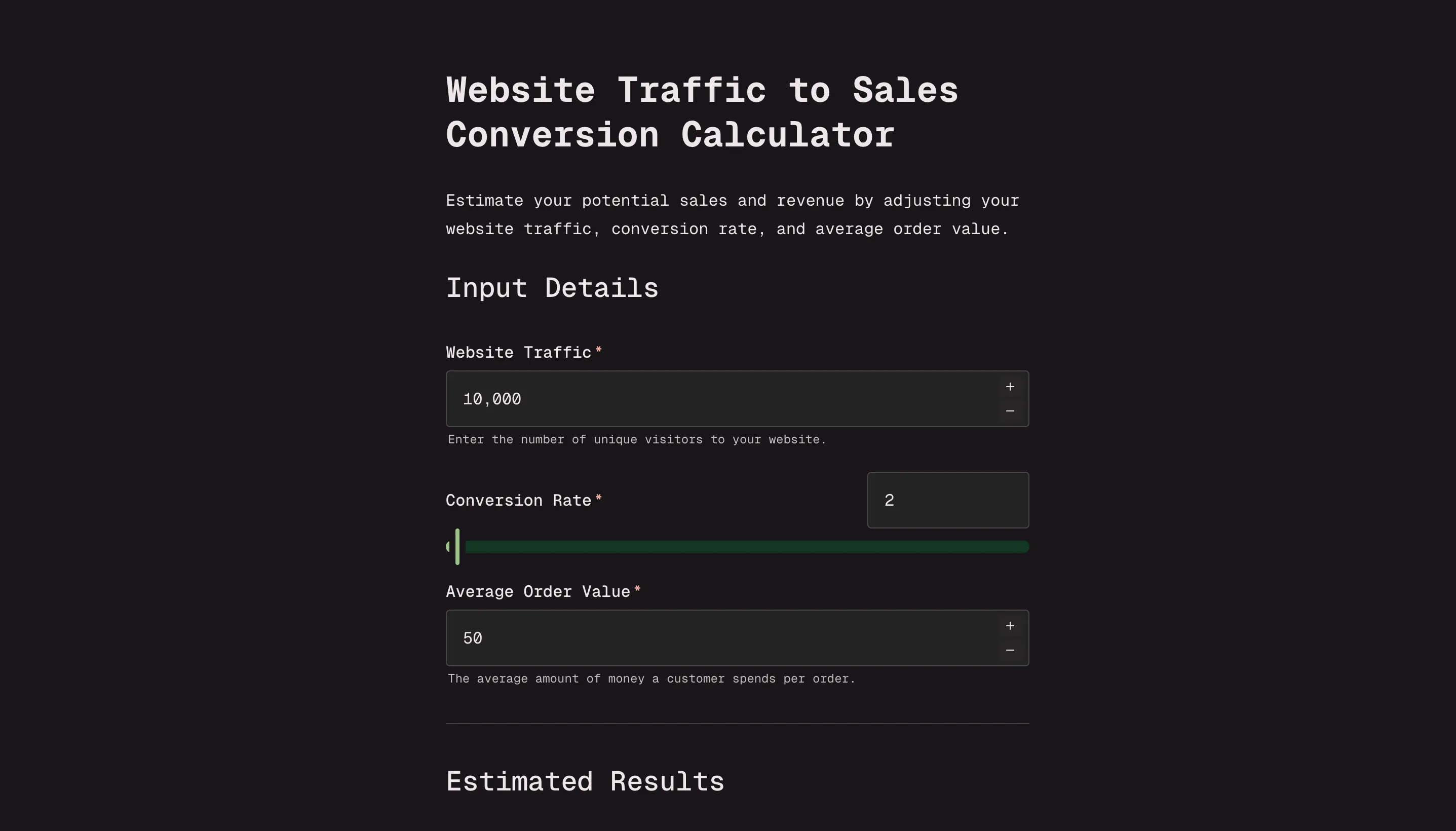 Website traffic to sales conversion calculator