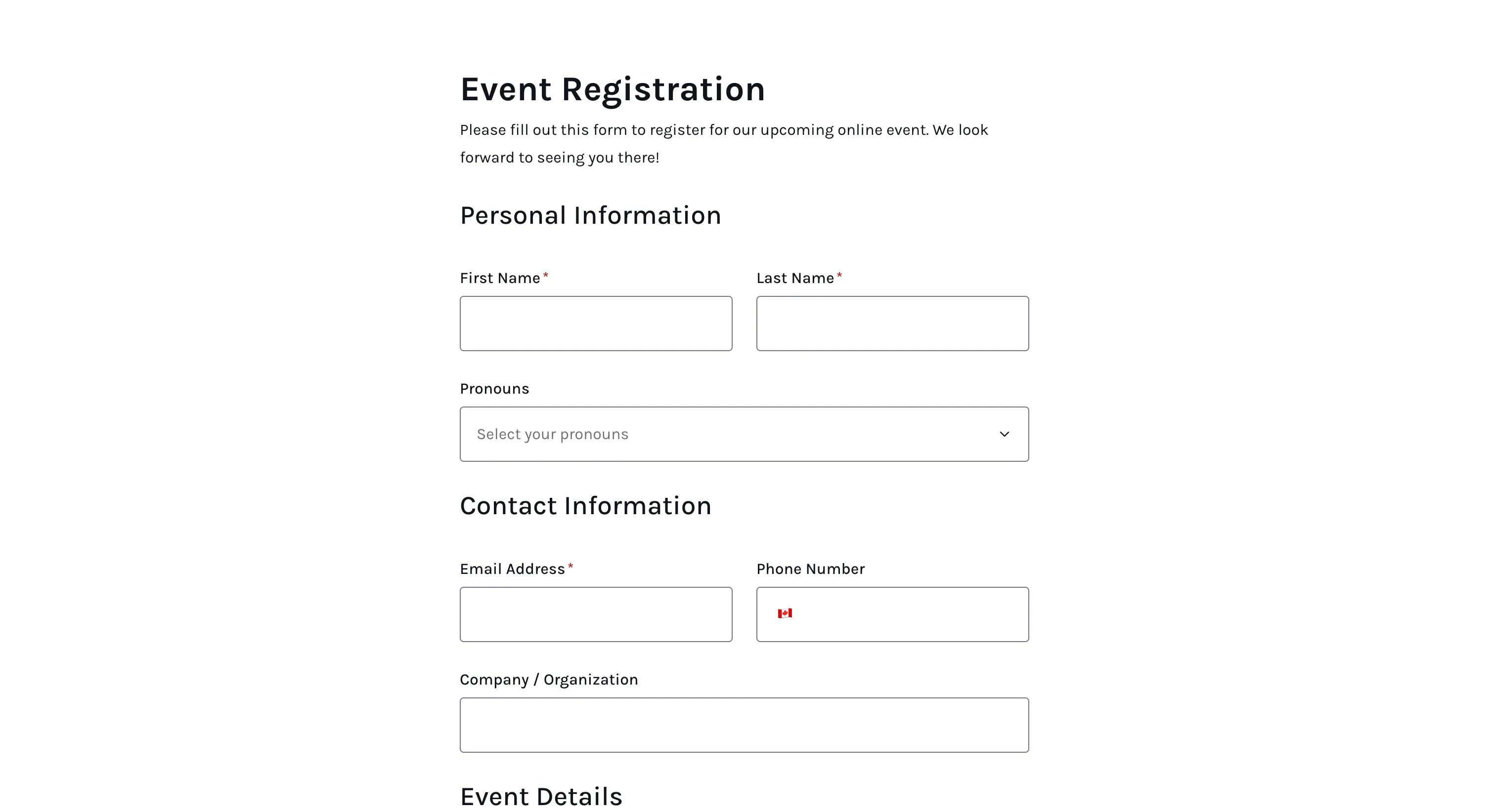 Online event registration form template