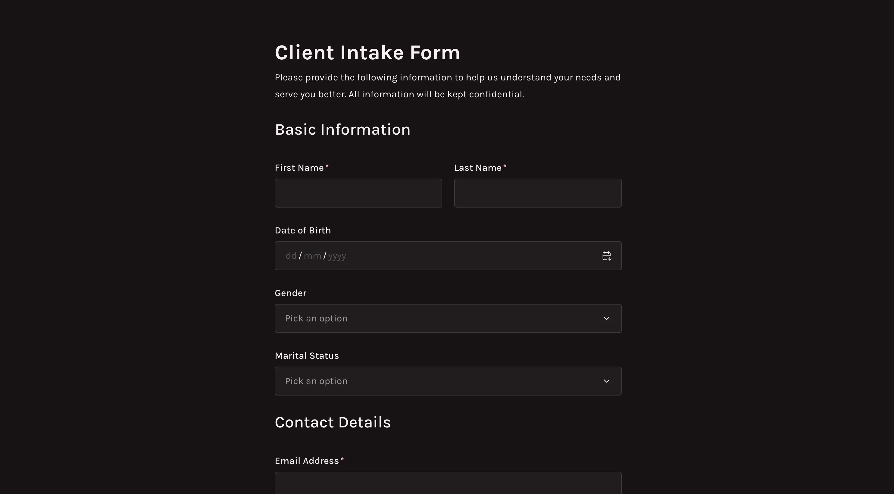 Client intake form template