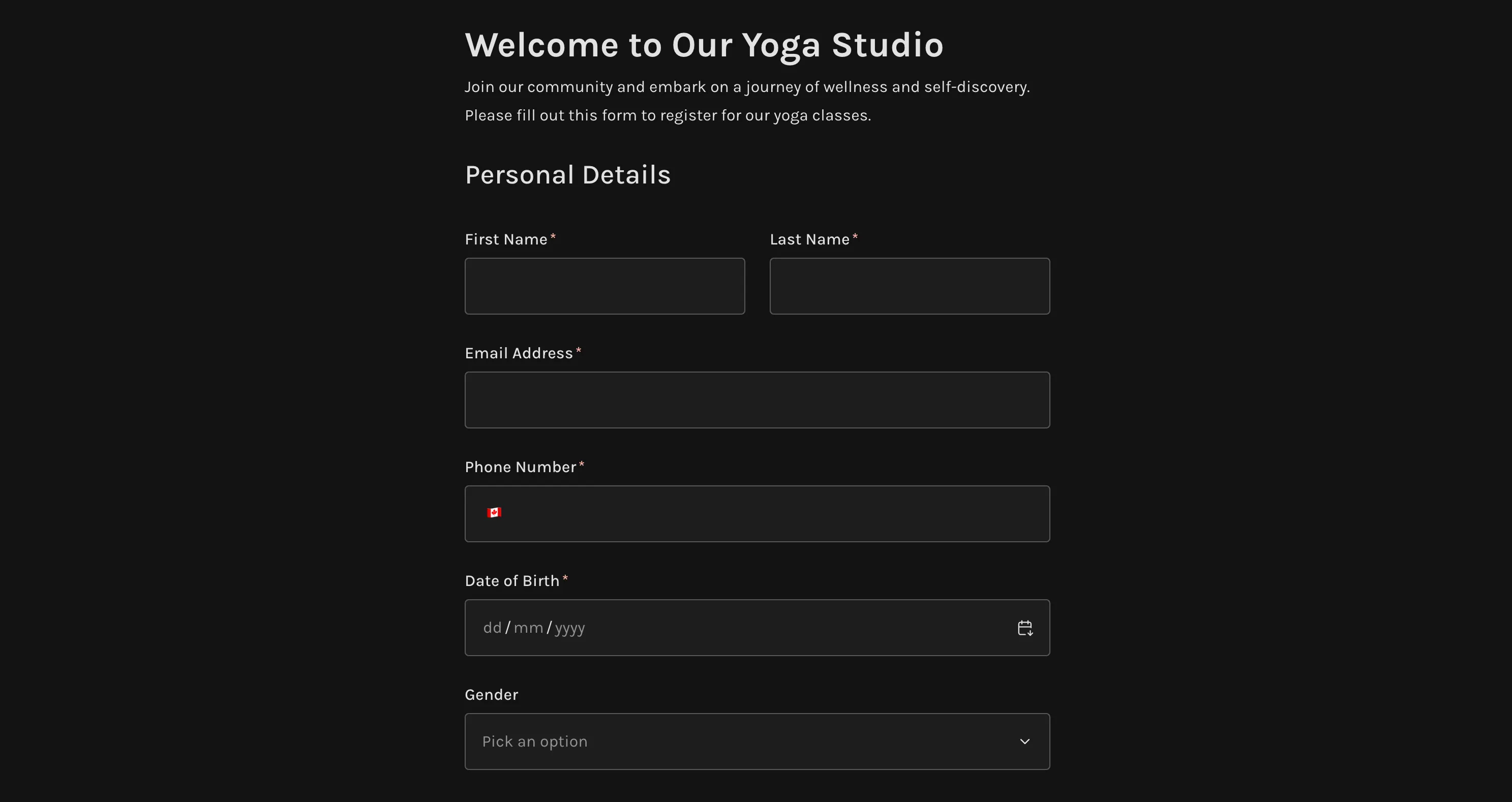 Yoga registration form template