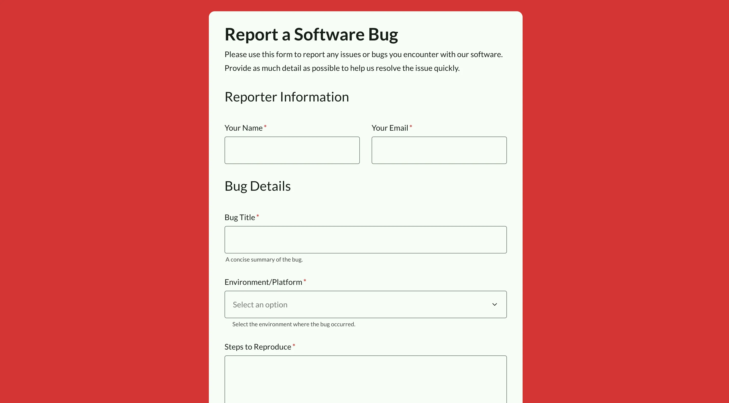 Bug report form template