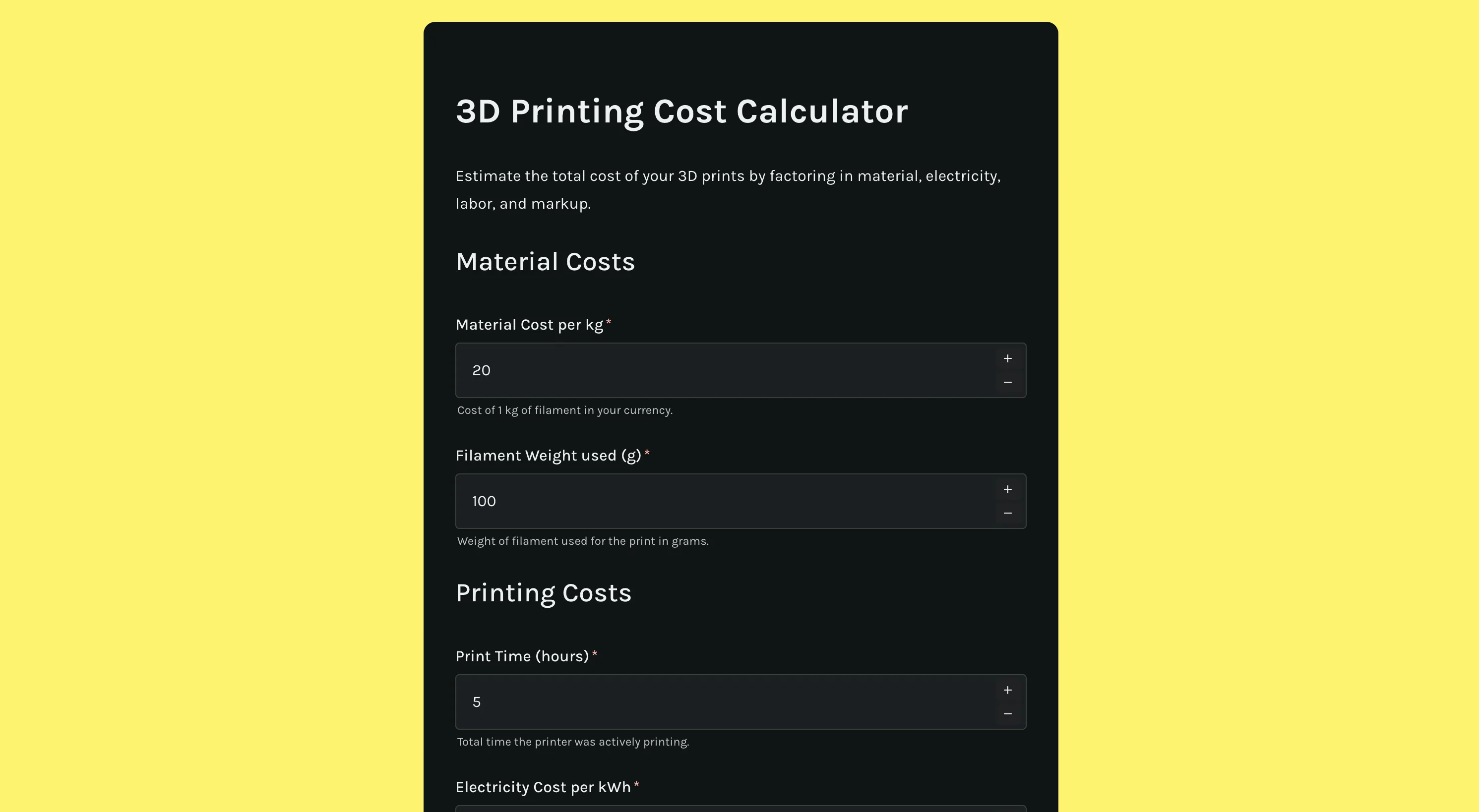3D printing cost calculator
