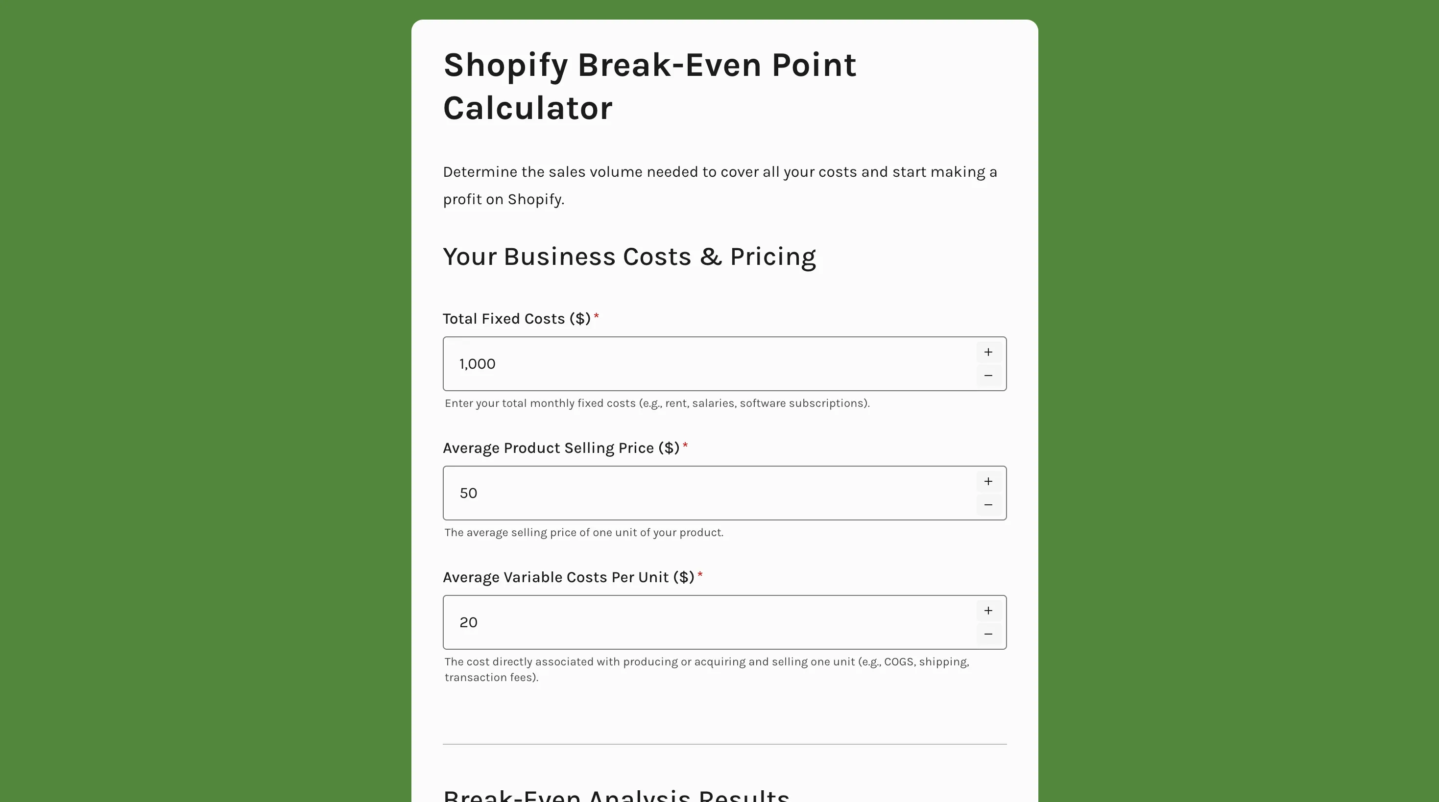 Shopify break-even point calculator